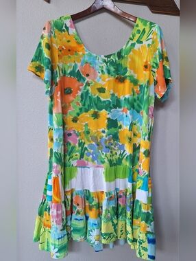 Vintage Jams World Hattie Dress Artsy Watercolor Floral Womens Sz L